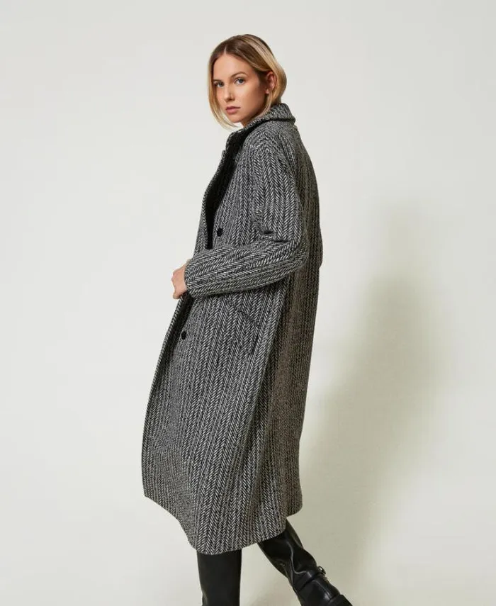 Twinset Coats And Trench Coats Pinstripe Wool Blend Coat Salt Pepper Snow Black Stripe 8211 Clothing