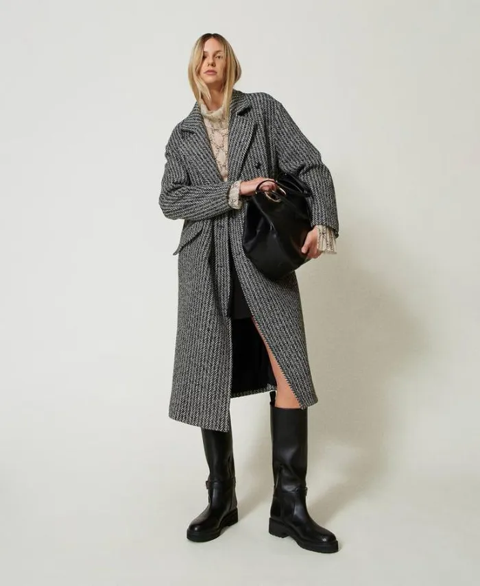 Twinset Coats And Trench Coats Pinstripe Wool Blend Coat Salt Pepper Snow Black Stripe 8211 Clothing