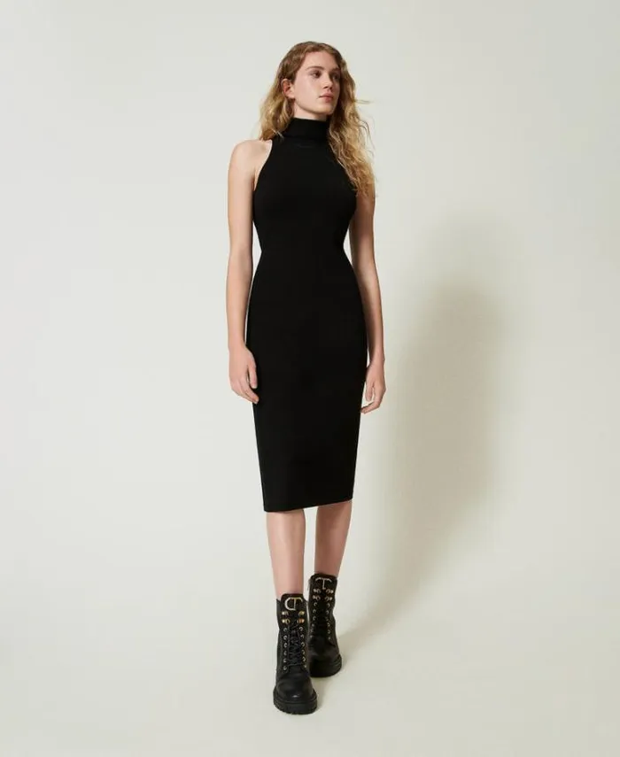 Twinset Elegant Dresses Knit Halter Neck Midi Dress Black 8211 Clothing