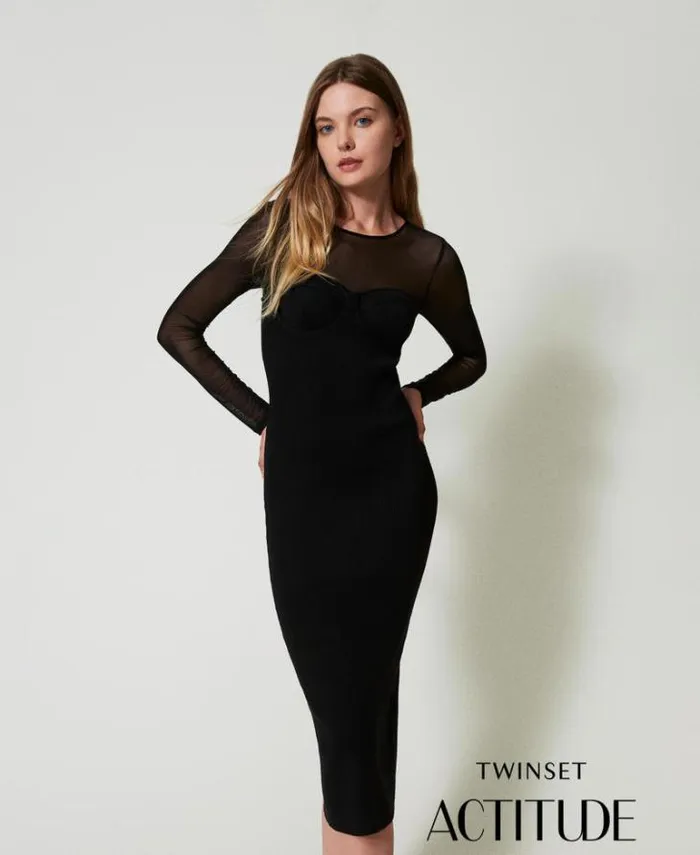 Twinset Elegant Dresses Knit Midi Dress With Tulle Black 8211 Clothing