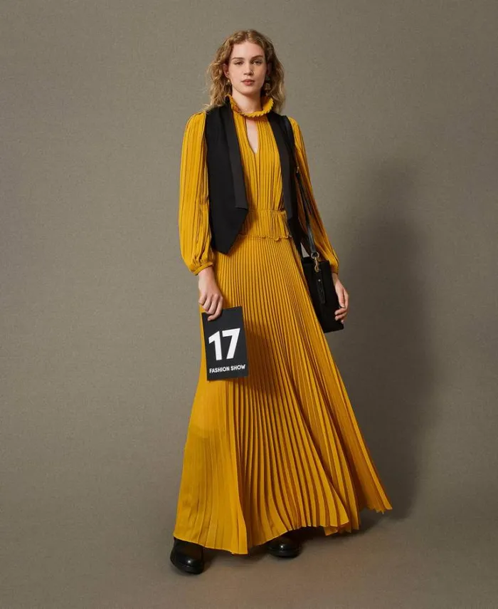 Twinset Elegant Dresses Long Pleated Georgette Dress Ochre Yellow 8211 Clothing