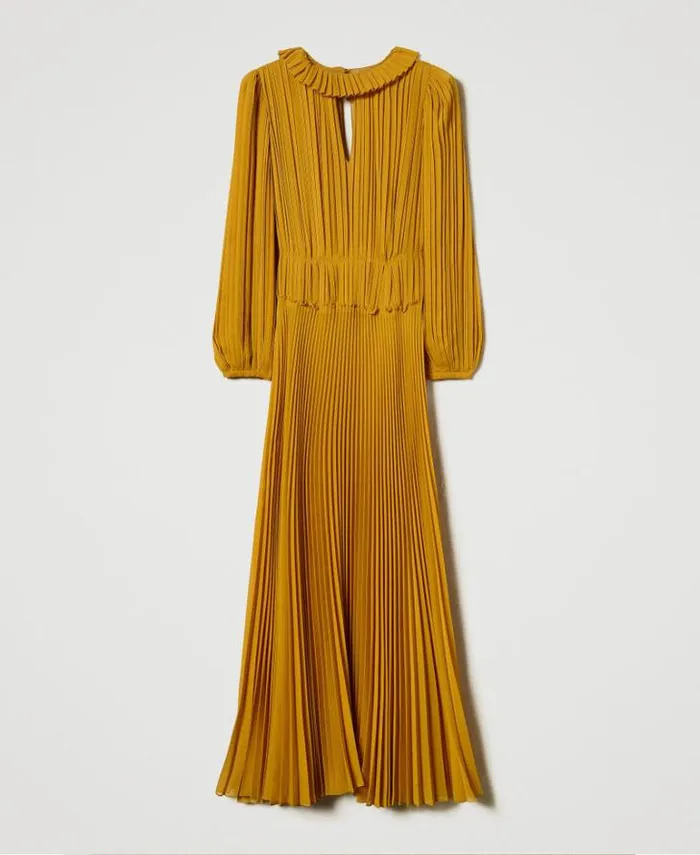 Twinset Elegant Dresses Long Pleated Georgette Dress Ochre Yellow 8211 Clothing
