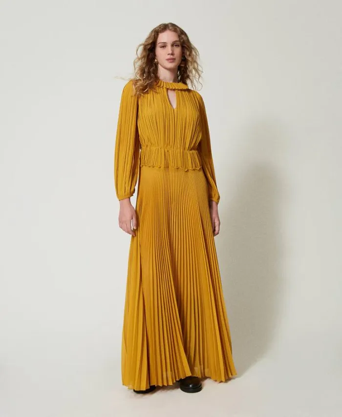 Twinset Elegant Dresses Long Pleated Georgette Dress Ochre Yellow 8211 Clothing