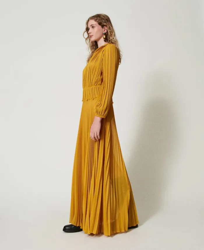 Twinset Elegant Dresses Long Pleated Georgette Dress Ochre Yellow 8211 Clothing