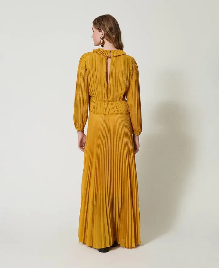 Twinset Elegant Dresses Long Pleated Georgette Dress Ochre Yellow 8211 Clothing