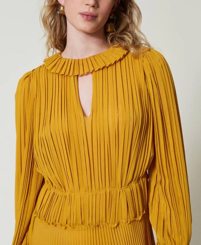 Twinset Elegant Dresses Long Pleated Georgette Dress Ochre Yellow 8211 Clothing