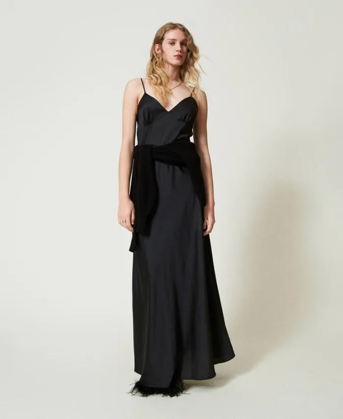 Twinset Elegant Dresses Long Slip Dress With Jumper Black 8211 Clothing