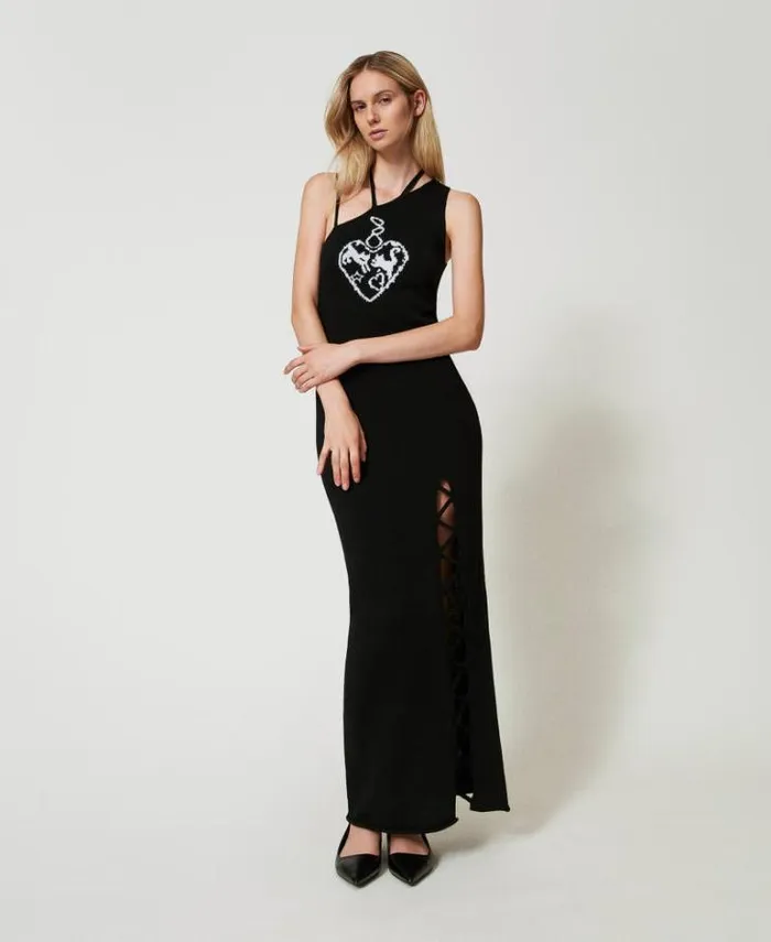 Twinset Elegant Dresses Treeblend Yarn Long Jacquard Dress Black Snow White Inlay 8211 Clothing