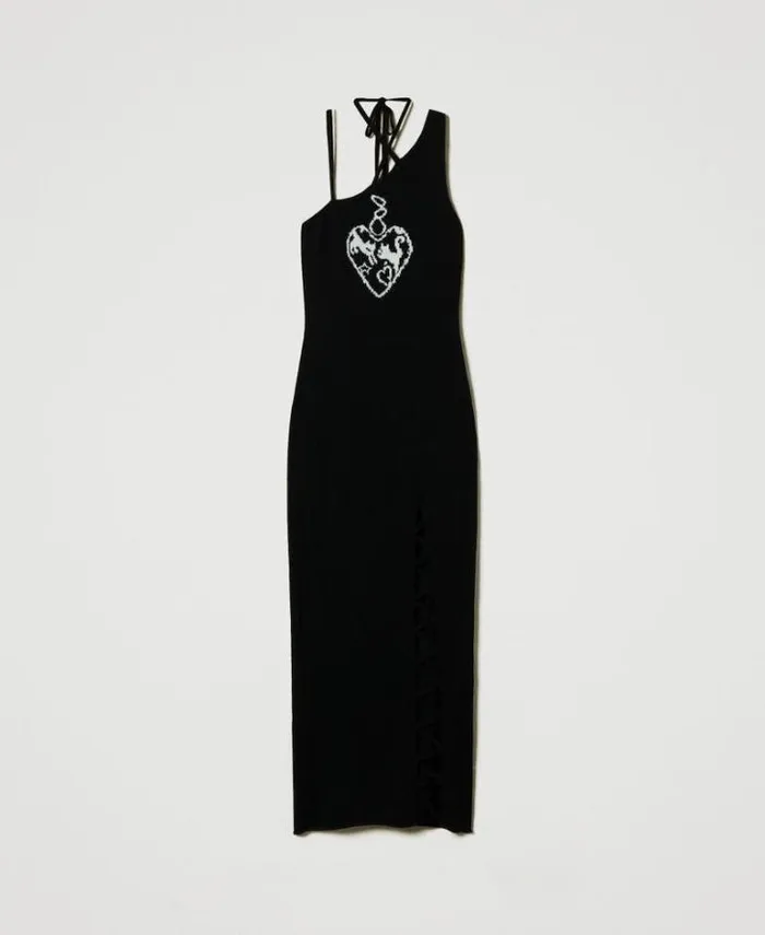 Twinset Elegant Dresses Treeblend Yarn Long Jacquard Dress Black Snow White Inlay 8211 Clothing