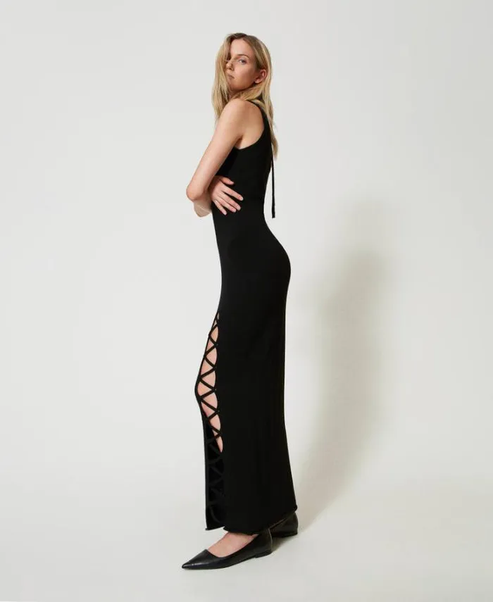 Twinset Elegant Dresses Treeblend Yarn Long Jacquard Dress Black Snow White Inlay 8211 Clothing
