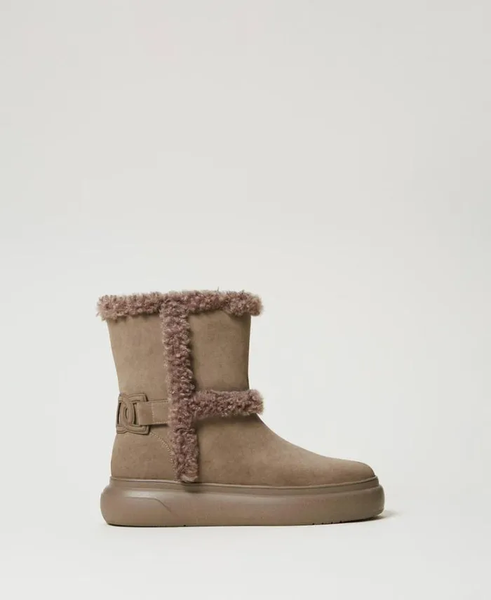 Twinset Flat Shoes Ankle Boots With Faux Fur Details Taupe Beige 8211 Shoes