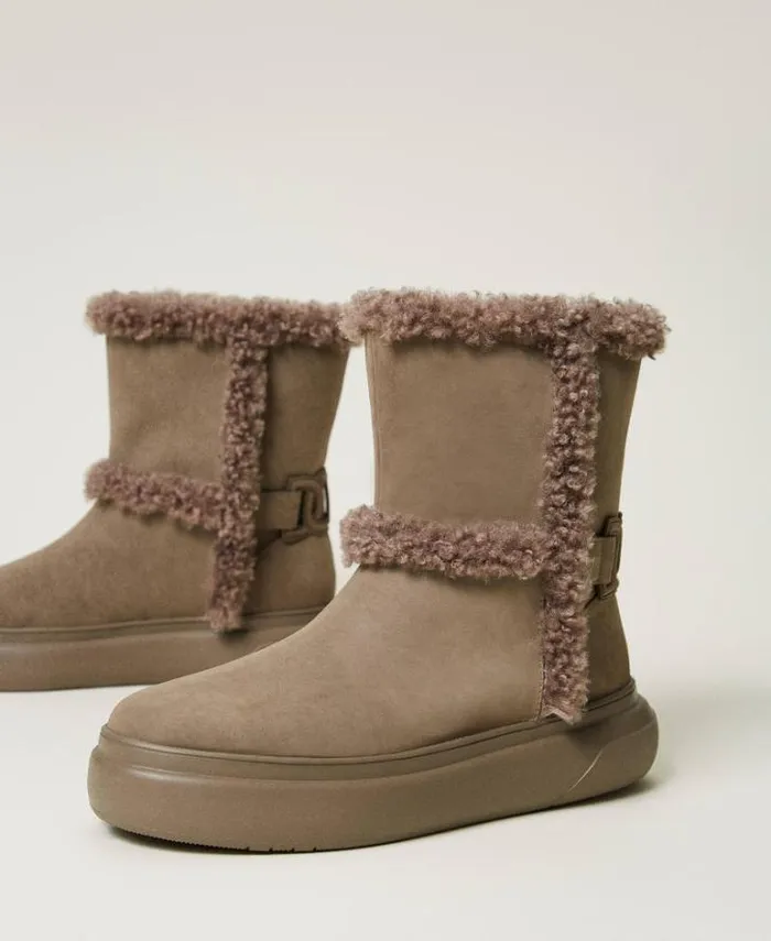 Twinset Flat Shoes Ankle Boots With Faux Fur Details Taupe Beige 8211 Shoes