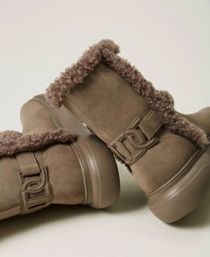 Twinset Flat Shoes Ankle Boots With Faux Fur Details Taupe Beige 8211 Shoes
