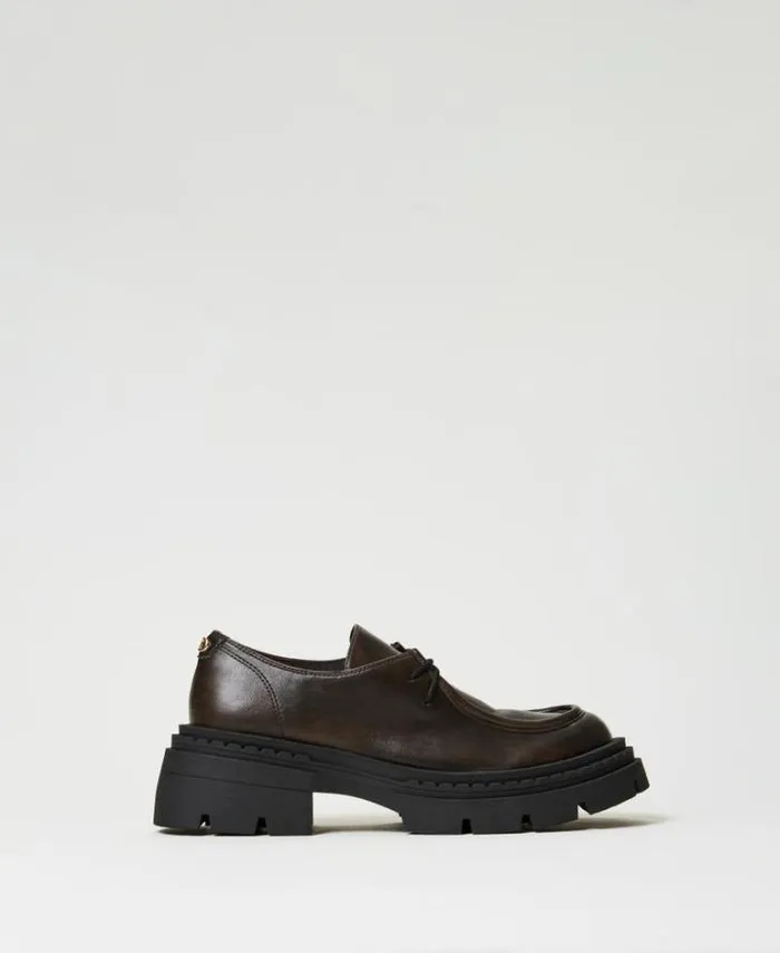 Twinset Flat Shoes Laceups With Oval T Coffee Chocolate 8211 Shoes