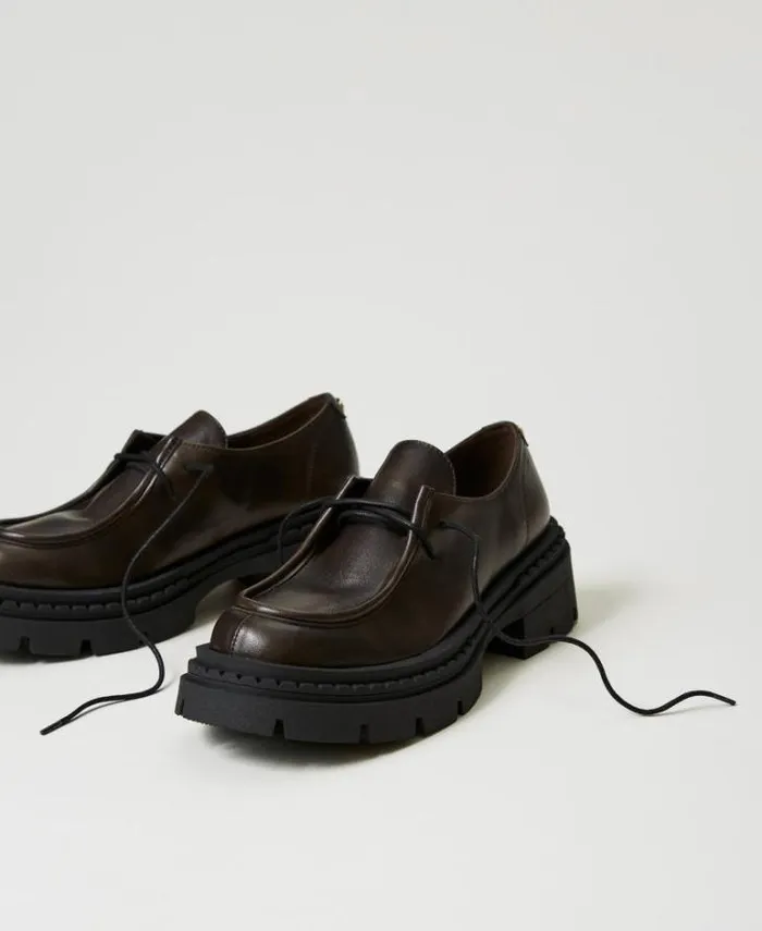 Twinset Flat Shoes Laceups With Oval T Coffee Chocolate 8211 Shoes