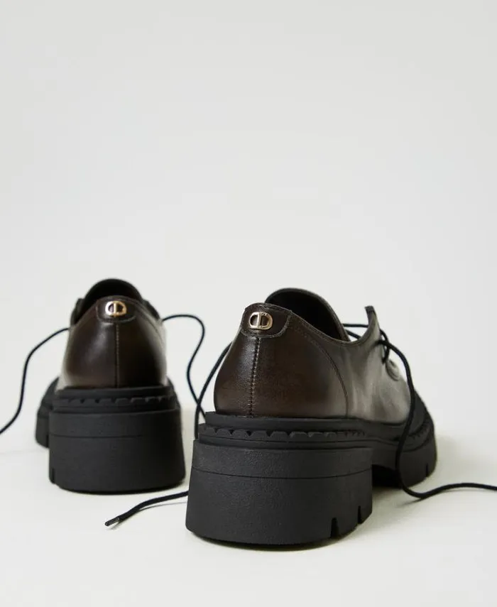 Twinset Flat Shoes Laceups With Oval T Coffee Chocolate 8211 Shoes