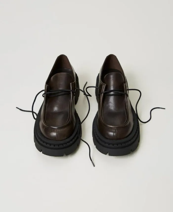 Twinset Flat Shoes Laceups With Oval T Coffee Chocolate 8211 Shoes