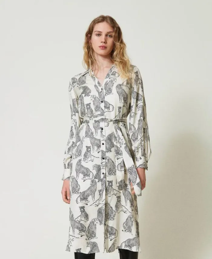 Twinset Formal Dresses Jacquard Midi Dress With Jaguar Print Black Snow White Jaguar Print 8211 Clothing