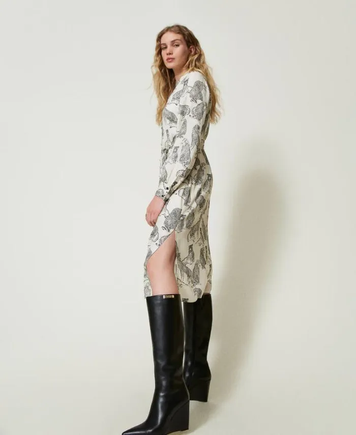 Twinset Formal Dresses Jacquard Midi Dress With Jaguar Print Black Snow White Jaguar Print 8211 Clothing