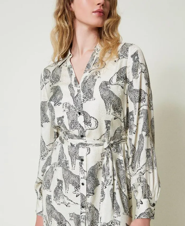 Twinset Formal Dresses Jacquard Midi Dress With Jaguar Print Black Snow White Jaguar Print 8211 Clothing