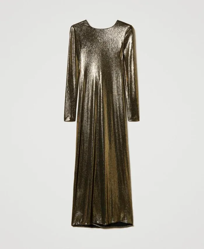 Twinset Formal Dresses Long Laminated Dress With Draping Laminated Gold Black 8211 Clothing