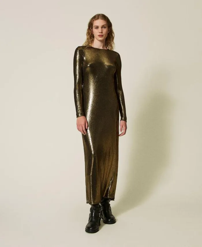 Twinset Formal Dresses Long Laminated Dress With Draping Laminated Gold Black 8211 Clothing