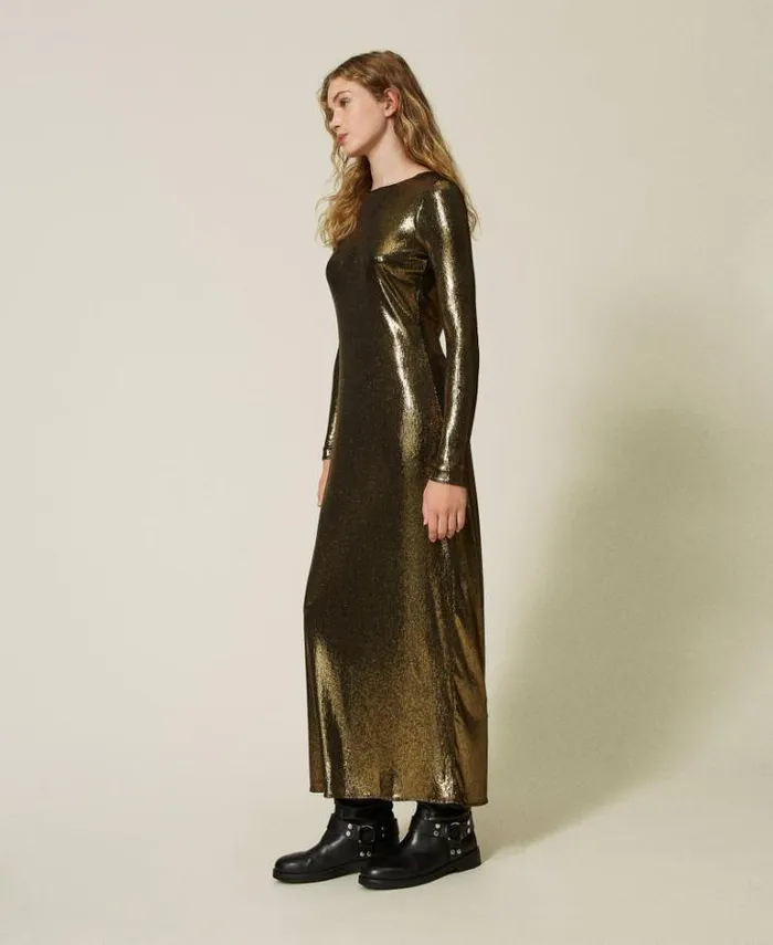 Twinset Formal Dresses Long Laminated Dress With Draping Laminated Gold Black 8211 Clothing