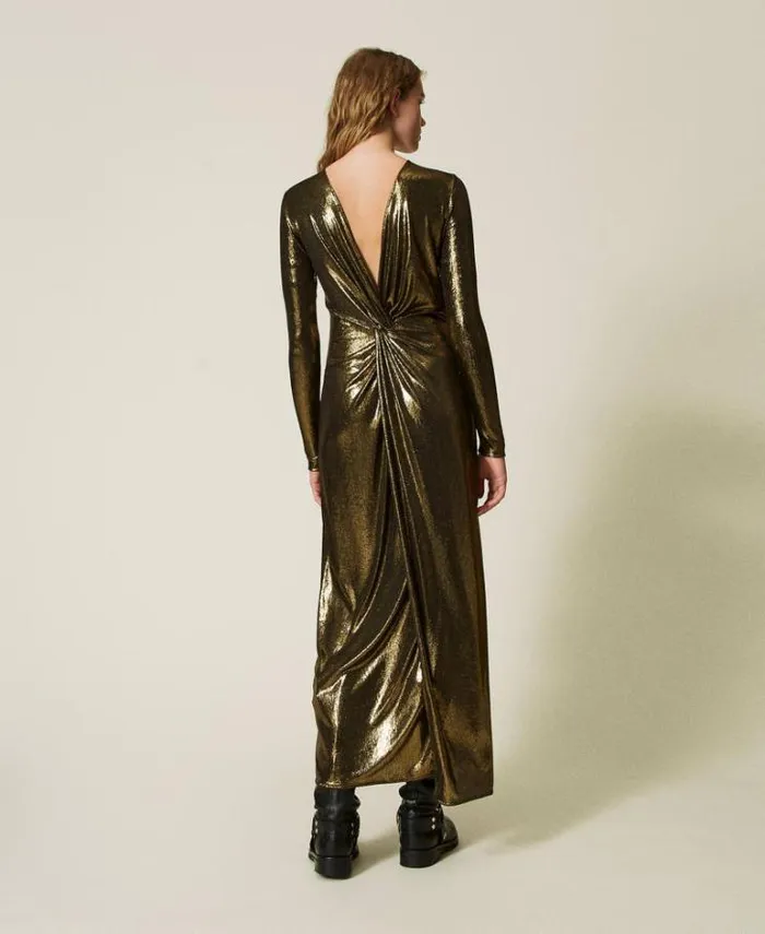 Twinset Formal Dresses Long Laminated Dress With Draping Laminated Gold Black 8211 Clothing