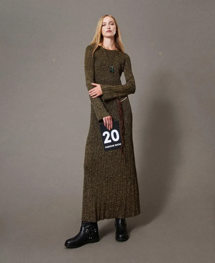 Twinset Formal Dresses Long Rib Knit Dress With Oval T Belt Twotone Black Dark Gold 8211 Clothing Twinset Formal Dresses Long Rib Knit Dress With Oval T Belt Twotone Black Dark Gold 8211 Clothing