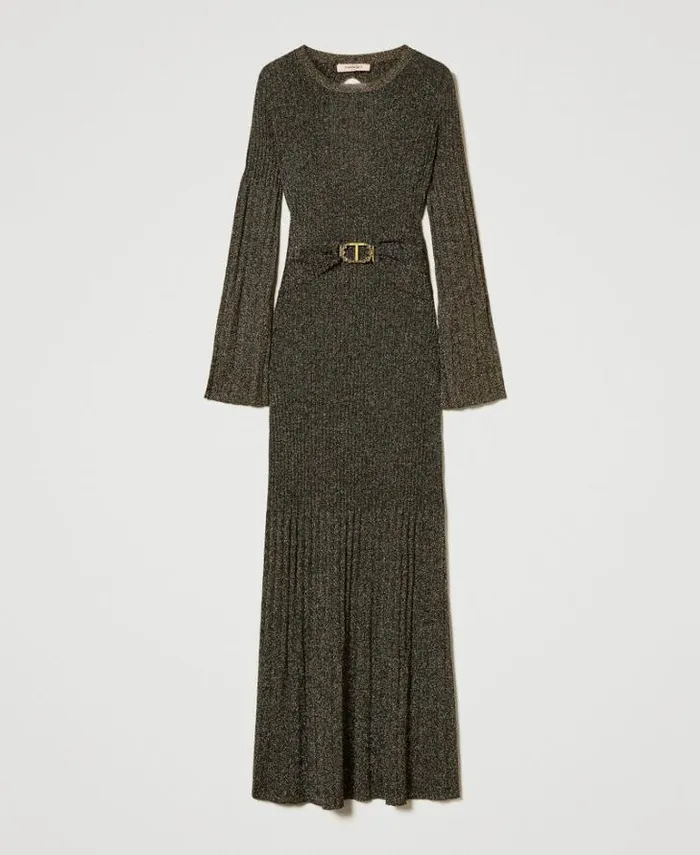 Twinset Formal Dresses Long Rib Knit Dress With Oval T Belt Twotone Black Dark Gold 8211 Clothing