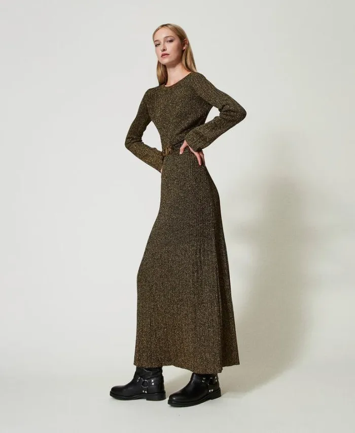 Twinset Formal Dresses Long Rib Knit Dress With Oval T Belt Twotone Black Dark Gold 8211 Clothing