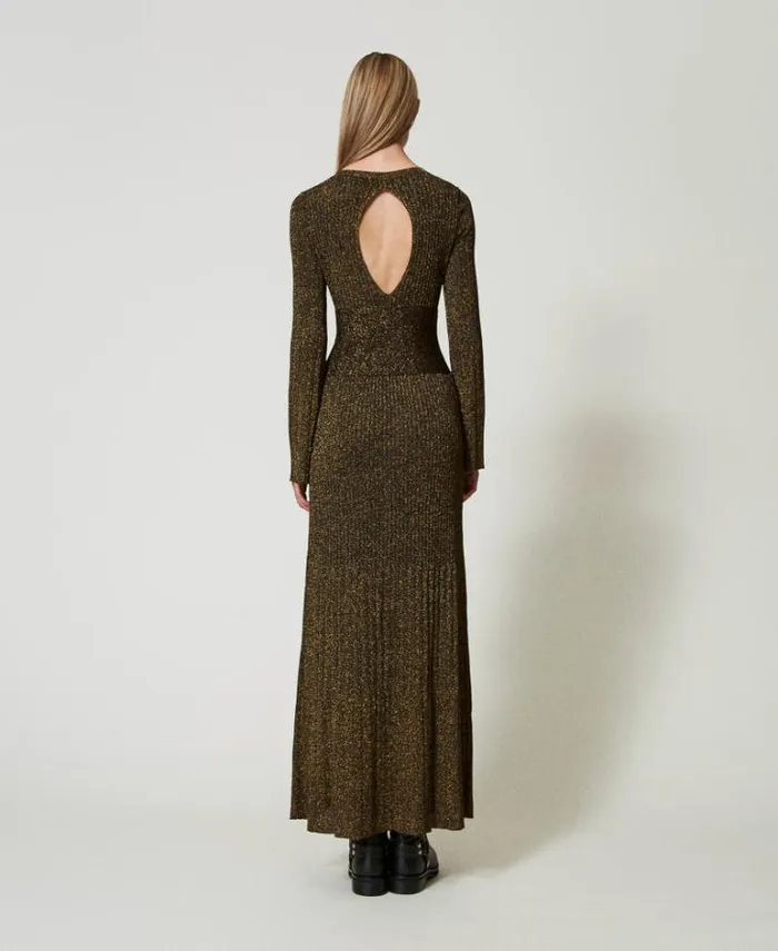 Twinset Formal Dresses Long Rib Knit Dress With Oval T Belt Twotone Black Dark Gold 8211 Clothing