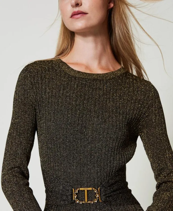 Twinset Formal Dresses Long Rib Knit Dress With Oval T Belt Twotone Black Dark Gold 8211 Clothing