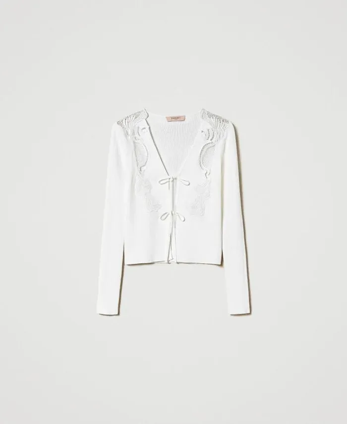Twinset Jumpers And Cardigans Cardigan With Laces And Lace White Snow 8211 Clothing