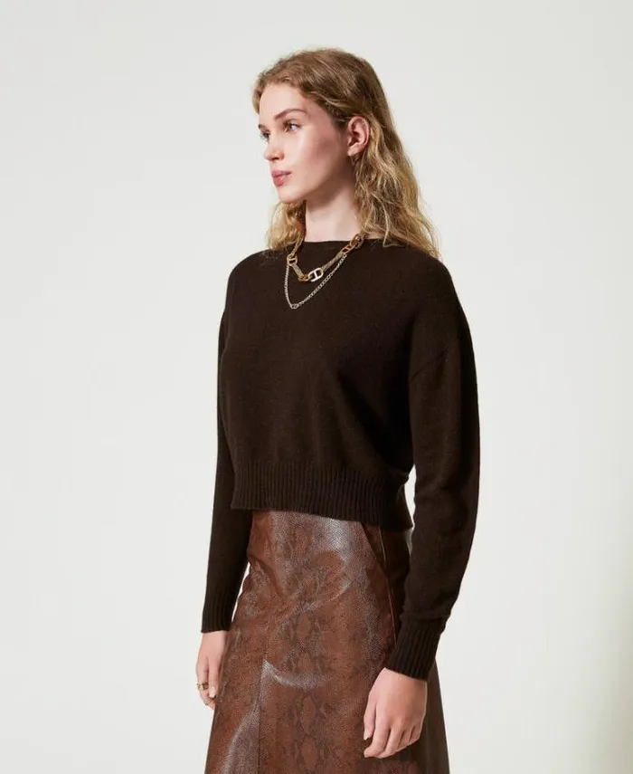 Twinset Jumpers And Cardigans Ecocashmere Crew Neck Jumper Coffee Chocolate 8211 Clothing
