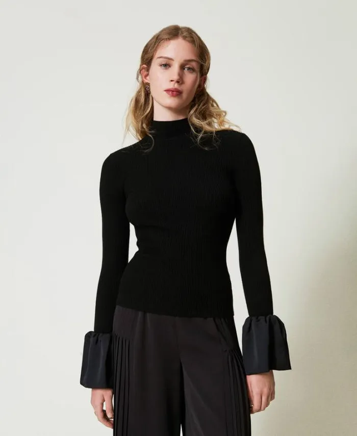 Twinset Jumpers And Cardigans Fitted Jumper With Satin Ruffles Black 8211 Clothing