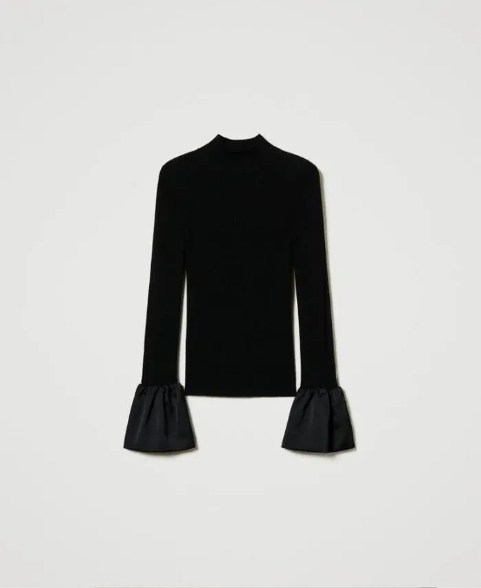 Twinset Jumpers And Cardigans Fitted Jumper With Satin Ruffles Black 8211 Clothing