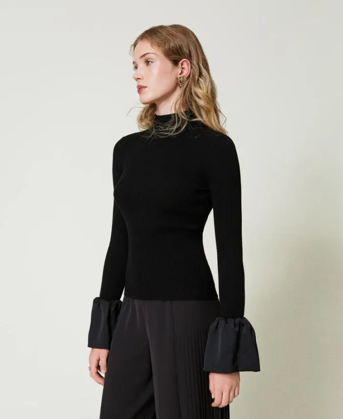 Twinset Jumpers And Cardigans Fitted Jumper With Satin Ruffles Black 8211 Clothing