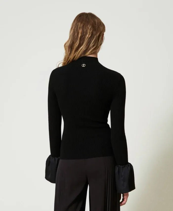 Twinset Jumpers And Cardigans Fitted Jumper With Satin Ruffles Black 8211 Clothing