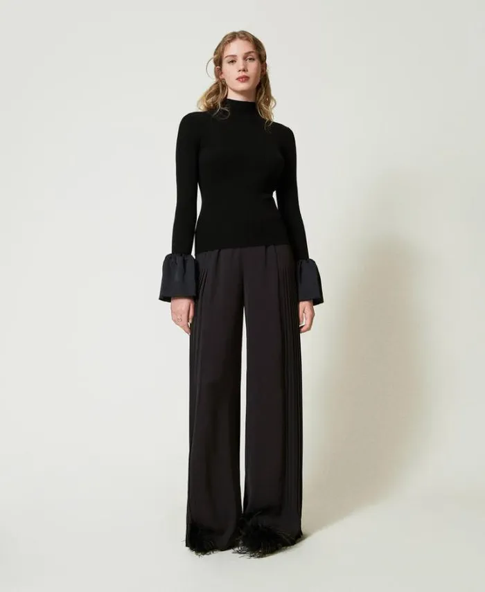 Twinset Jumpers And Cardigans Fitted Jumper With Satin Ruffles Black 8211 Clothing
