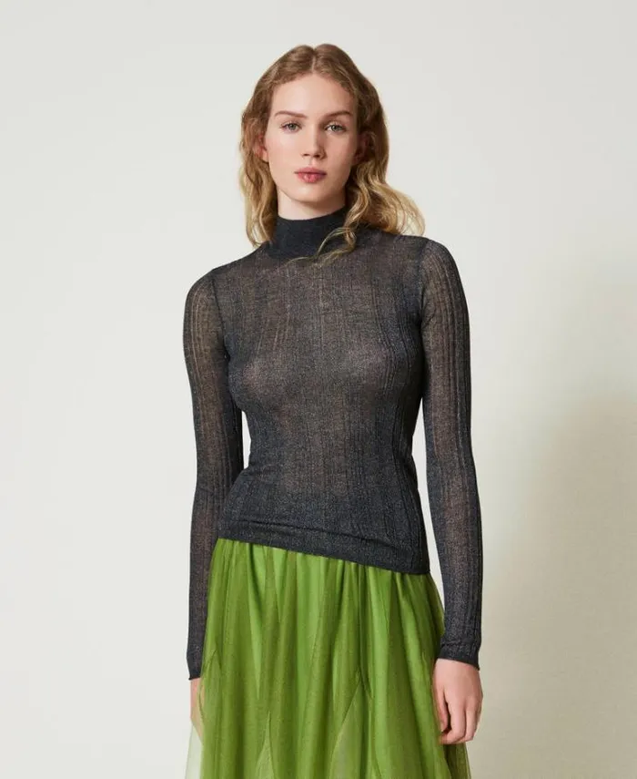Twinset Jumpers And Cardigans Fitted Ribbed Jumper With Lurex Blackened Pearl Grey 8211 Clothing Twinset Jumpers And Cardigans Fitted Ribbed Jumper With Lurex Blackened Pearl Grey 8211 Clothing