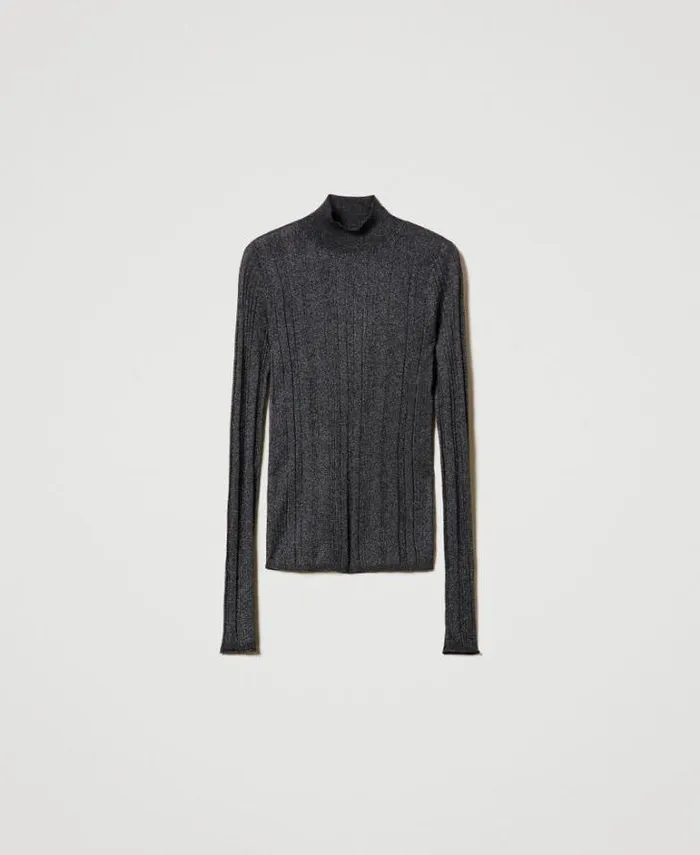 Twinset Jumpers And Cardigans Fitted Ribbed Jumper With Lurex Blackened Pearl Grey 8211 Clothing