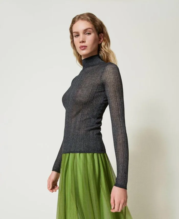 Twinset Jumpers And Cardigans Fitted Ribbed Jumper With Lurex Blackened Pearl Grey 8211 Clothing