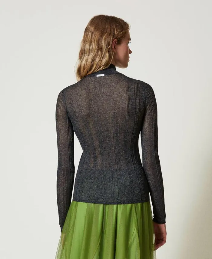 Twinset Jumpers And Cardigans Fitted Ribbed Jumper With Lurex Blackened Pearl Grey 8211 Clothing