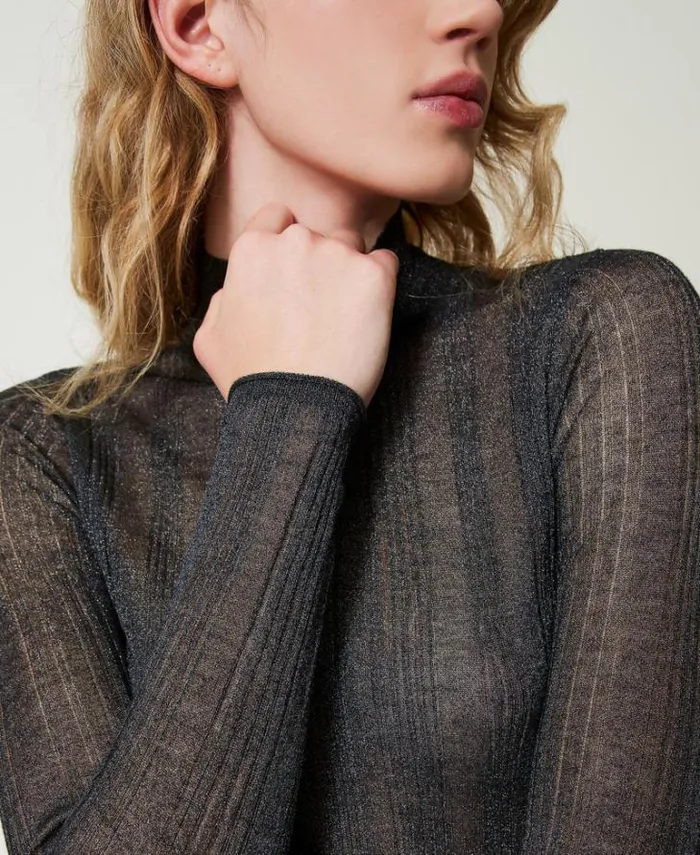 Twinset Jumpers And Cardigans Fitted Ribbed Jumper With Lurex Blackened Pearl Grey 8211 Clothing