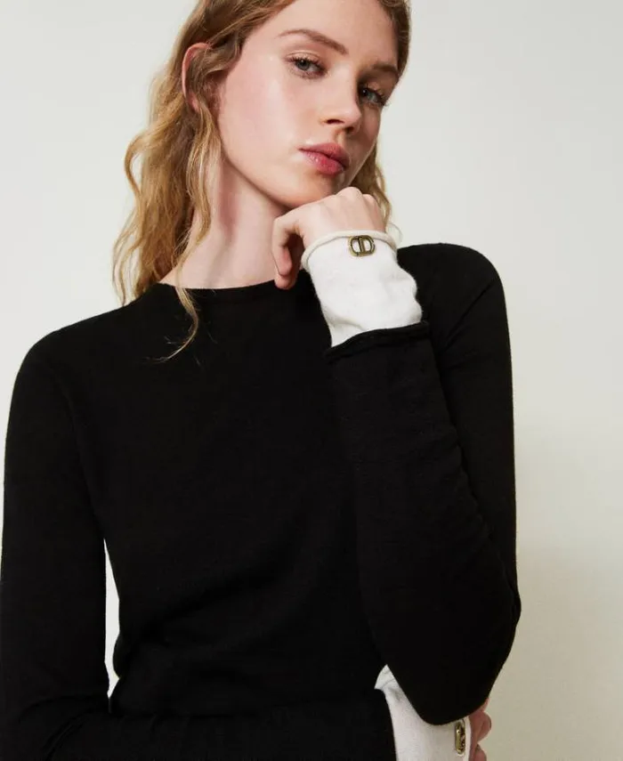 Twinset Jumpers And Cardigans Jumper With Contrasting Details And Oval T Twotone Black Snow White 8211 Clothing Twinset Jumpers And Cardigans Jumper With Contrasting Details And Oval T Twotone Black Snow White 8211 Clothing