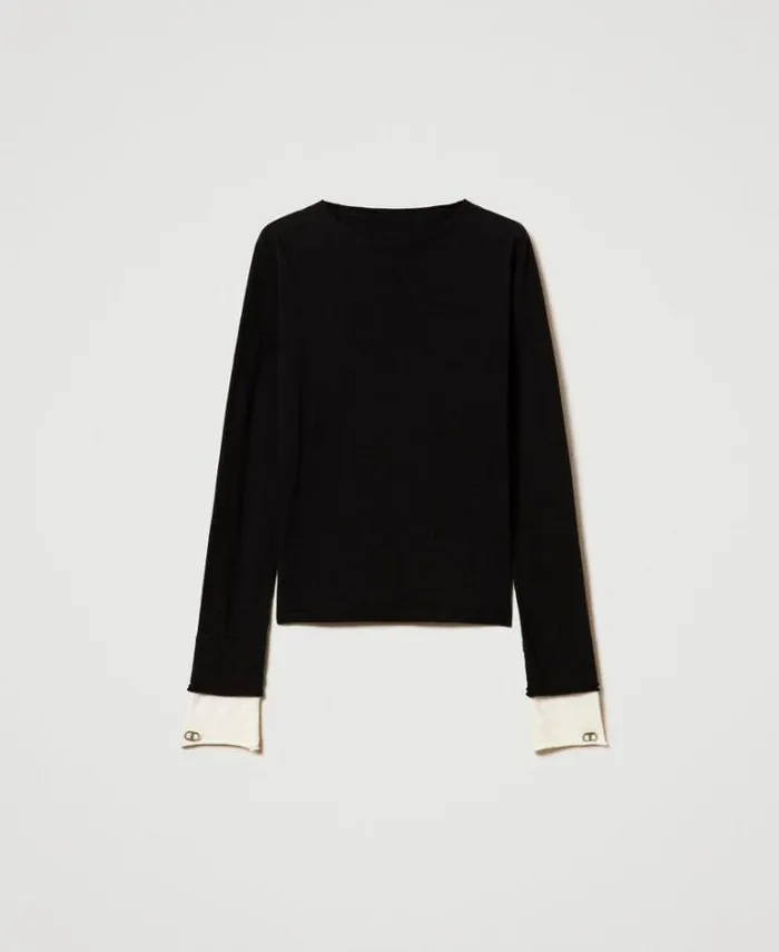 Twinset Jumpers And Cardigans Jumper With Contrasting Details And Oval T Twotone Black Snow White 8211 Clothing