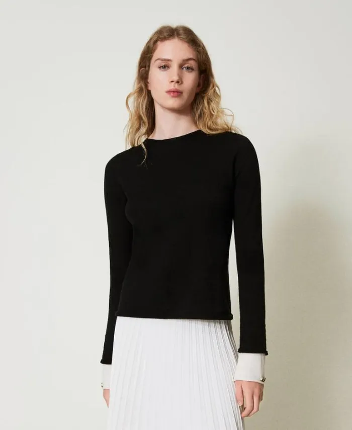 Twinset Jumpers And Cardigans Jumper With Contrasting Details And Oval T Twotone Black Snow White 8211 Clothing