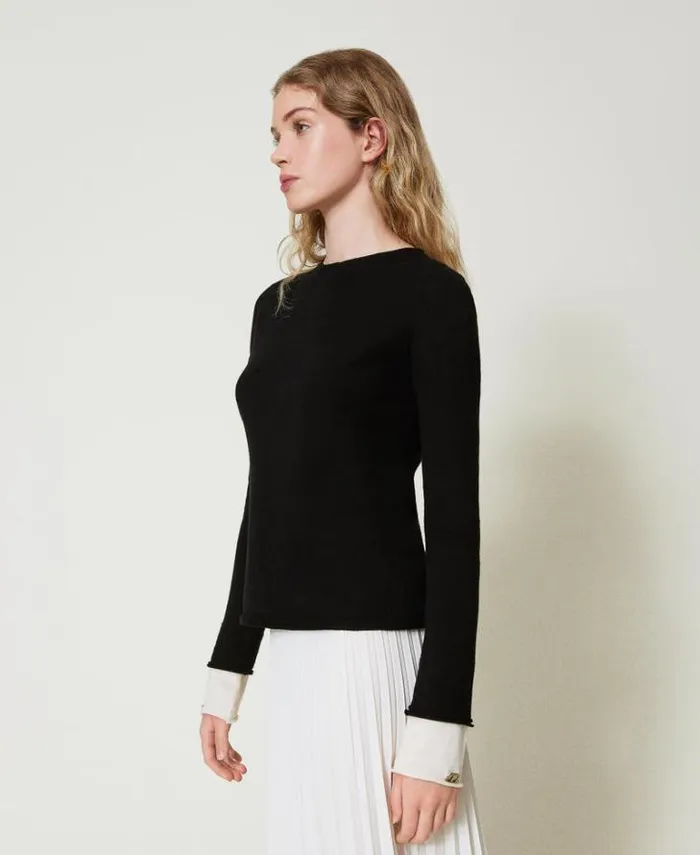 Twinset Jumpers And Cardigans Jumper With Contrasting Details And Oval T Twotone Black Snow White 8211 Clothing