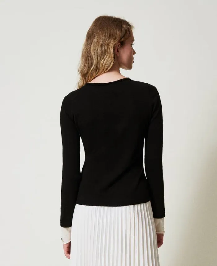 Twinset Jumpers And Cardigans Jumper With Contrasting Details And Oval T Twotone Black Snow White 8211 Clothing
